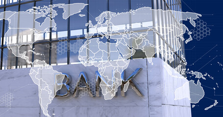 Image of data processing and world map over bank office building