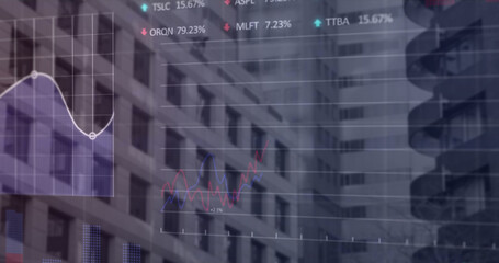 Image of financial data processing over cityscape