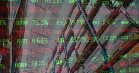 Image of financial data over warehouse