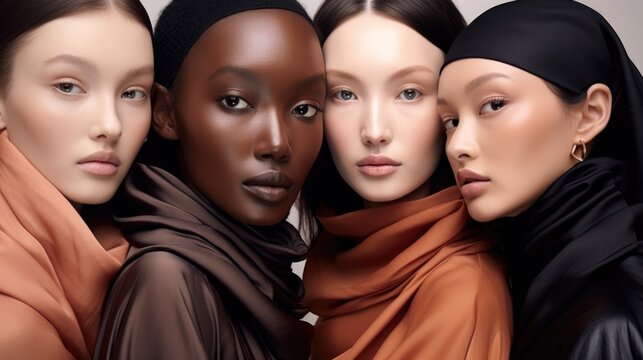 Beauty portrait of diverse women with different skintone. Multinational young female with attractive appearance and different flawless skintone. Peach Taffy palette. AI photography.
