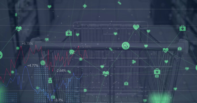 Network of medical icons and statistical data processing against a shopping cart at supermarket