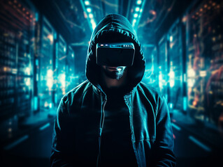hacker in VR headset in a futuristic room