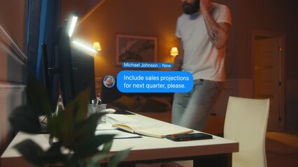 Multiethnic men sit in front of computers in two different apartments. Colleagues online chatting about work project in messenger app. 3D animation of text in bubbles. Chat in social media network.