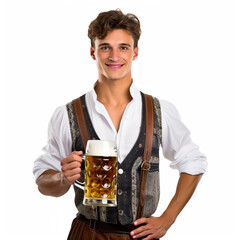 German man wearing lederhosen, and holding a large mug of golden beer with white foam. Oktoberfest or bier fest theme. Isolated on white background with copy space.