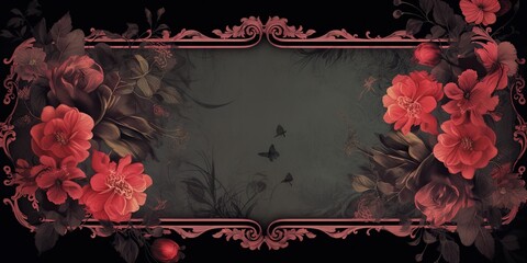 AI Generated. AI Generative. Vintage retro antique floral flowers pland frame in baroque style mock up background. Can be used for old cafe interior - obrazy, fototapety, plakaty