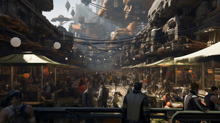 A bustling futuristic market scene with people wearing high-tech clothing 
