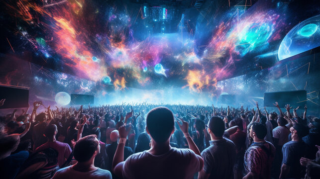 A large crowd at a futuristic concert, immersed in a unique audio-visual experience 