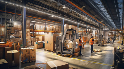 A panoramic view of the warehouse floor, with the worker overseeing a bustling operation 