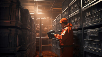The worker working in a temperature-controlled area, handling perishable goods with care  - obrazy, fototapety, plakaty