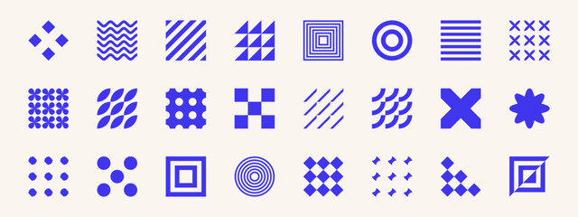 Set of basic minimalistic shapes. simple trendy geometric elements for decoration and logo design. Abstract square modern wireframe, cyberpunk, pixel art inspired elements.