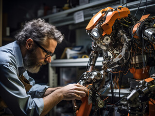 Fototapeta na wymiar an engineer assembles a robot