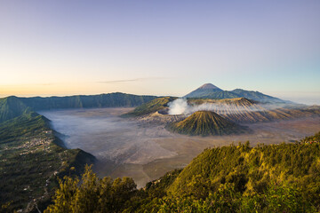Mount Bromo volcano at sunrise, the magnificent view of Mt. Bromo, located in Bromo Tengger Semeru National Park, East Java, Indonesia