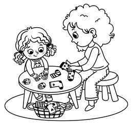Black and white vector illustration of little girl folding socks with her mother. 