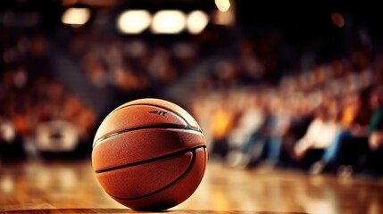 Basketball on the court. Basketball ball in front of big modern basketball arena