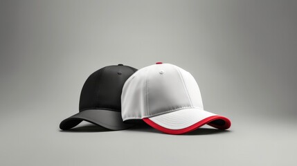 White and black baseball caps mockup on a grey background, front view.