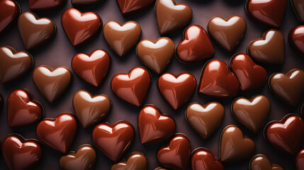 Fototapeta premium Tasty heart-shaped chocolate candies as background, top view. Valentine's day. Generative AI