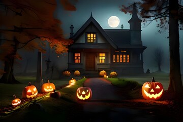 Halloween background with spooky pumpkin and Haunted house