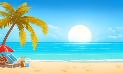 beach lanscape with sun and palms, sunny background with beach and sea. Cartoon style background of sea shore. Good sunny day. Deck chair and beach umbrella on the sand coast.