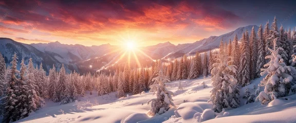 Fotobehang Majestic sunrise in the winter mountains landscape © Muhammad