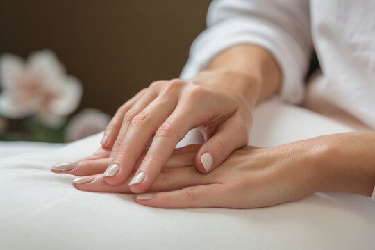 A close-up of the woman's hands being pampered with a soothing manicure treatment 
