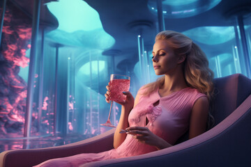 The beautiful woman enjoying a refreshing spa drink, fully immersing herself in the spa experience 