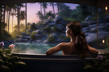 A tranquil view of the woman's relaxing spa experience, with soft instrumental music in the background 