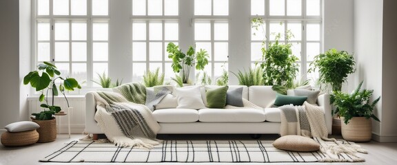 White sofa with plaid and cushions on knitted rug against of grid window between green houseplants. Scandinavian, hygge interior design of modern living room.