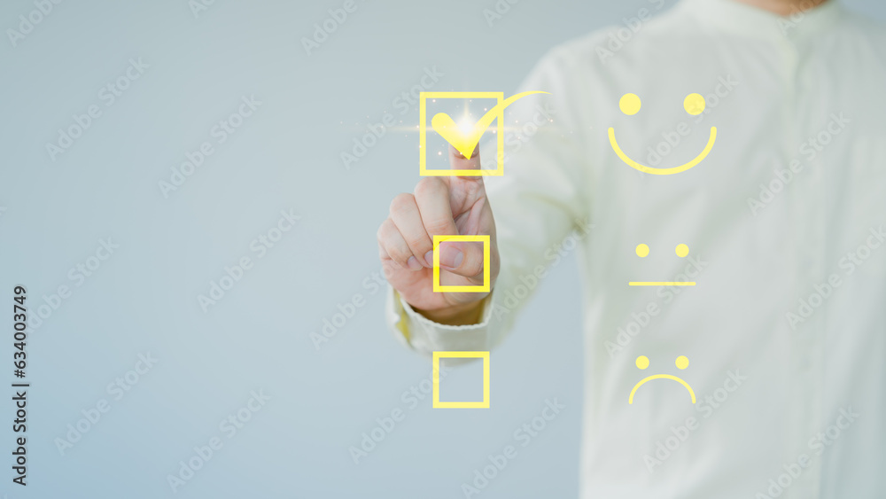 Poster man touching the virtual screen on the happy smiley face icon to give satisfaction in service. ratin