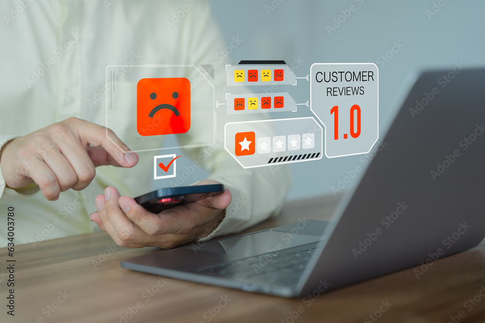 Aufkleber business service concept of customer experience dissatisfied by smartphone. man angry emotion face o