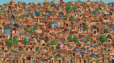 AI-created art: Diverse community builds eco-homes. Solidarity, collaboration for safe housing. #CommunityUnity