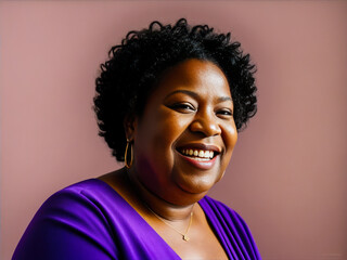 Portrait of the Very fat happy senior African american woman laughing wearing in a bright purple violet dress with a cheerful smile. Concept of active age.