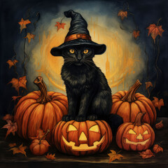 A cute black cat wearing a witch hat on dark background Halloween concept.
