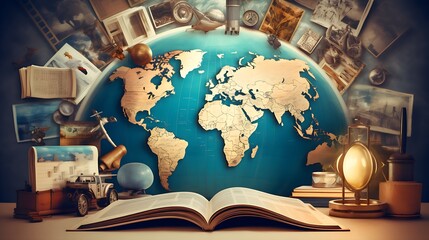 Education and Intelligence Collage with Global Travel Theme, bulb, light, map