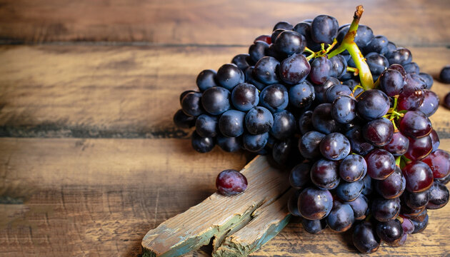 Bunches of fresh ripe red grapes on a wooden textural surface. Ancient style, a beautiful background with a branch of blue grapes. Red wine grapes. dark grapes, blue grapes, wine grapes