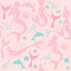 Beautiful vector illustration silhouette mermaid and marine inhabitants on a pink background seamless pattern