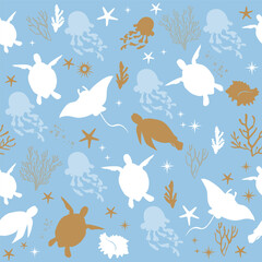 Beautiful vector illustration silhouette turtles on a blue background seamless pattern