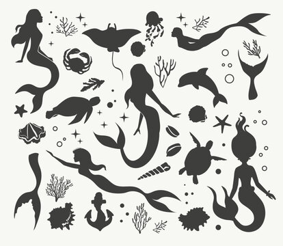 Collection of vector illustration mermaids and marine inhabitants on a white background isolated