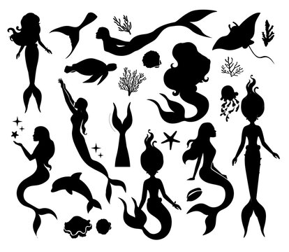 Set of vector illustration silhouette mermaids and marine inhabitants on a white background isolated. Black and white collection