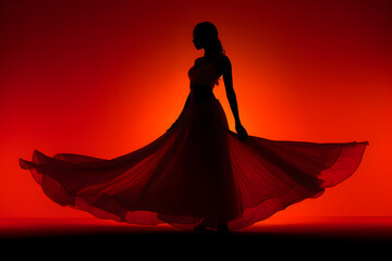 Silhouette of a beautiful Woman in Red Dress. Elegant Glamour Dance Background