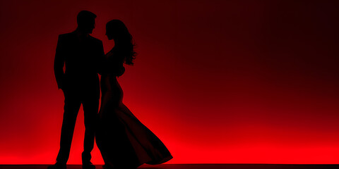 Silhouette Dancing Couple in the Ballroom. Red Shadow Dance. Elegant Passion. Romantic Lover. Copy Space Background Banner