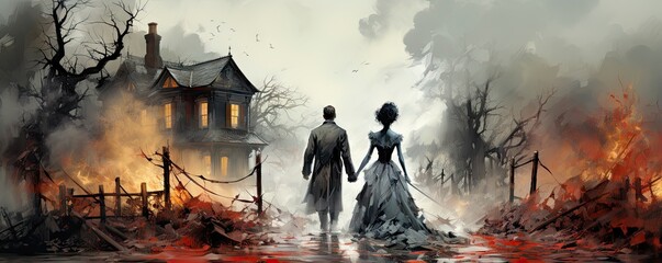 Love and bloody story. Halloween love scene. Illustration for tickets, flyer and advertising.