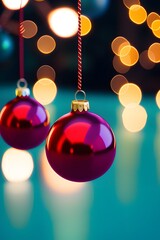Christmas balls decoration with lights and Christmas tree on the background.