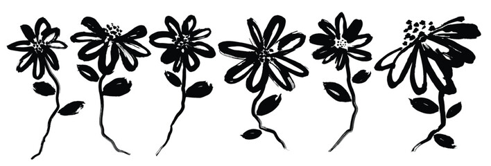 hand drawn black flower paint vector set. Ink drawing flowers and leaf.