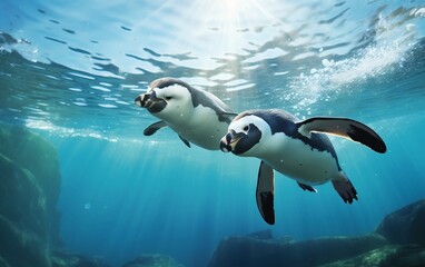 Obraz na płótnie Canvas Penguin Pair Gliding Ocean Waters. Generative AI
