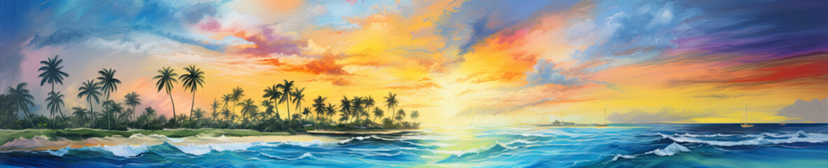 Fototapeta na wymiar watercolor of a tropical island landscape at sunset