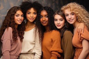 Fototapeta premium A diverse group of beautiful women with natural beauty and glowing smooth skin. Portrait of many attractive female fashion models with great skincare of all races, tones and style