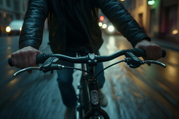A close-up of the courier's hands firmly gripping the handlebars, guiding the bicycle through the streets 
