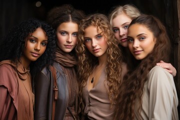 Fototapeta premium A diverse group of beautiful women with natural beauty and glowing smooth skin. Portrait of many attractive female fashion models with great skincare of all races, tones and style