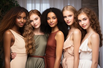 A diverse group of beautiful women with natural beauty and glowing smooth skin. Portrait of many attractive female fashion models with great skincare of all races, tones and style