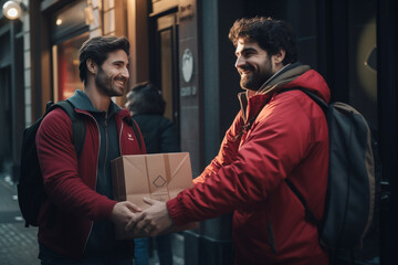 The courier handing over a package to an excited customer, their interaction captured in anticipation 